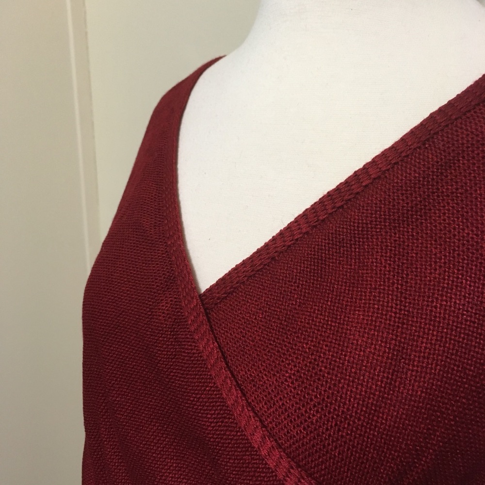 Cross Front High Low Faux Wrap Knit Sweater Top Burgundy - Picture 3 of 3